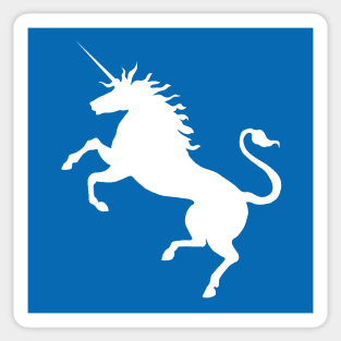 White Coloured Rearing Scottish Unicorn On Saltire Blue Background Sticker